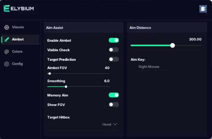 Elysium aimbot menu for Wardogs: aim prediction, memory aim, FOV, hitbox and aim key settings