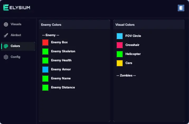 Elysium color settings for Wardogs: custom ESP colors for players, boxes and skeletons