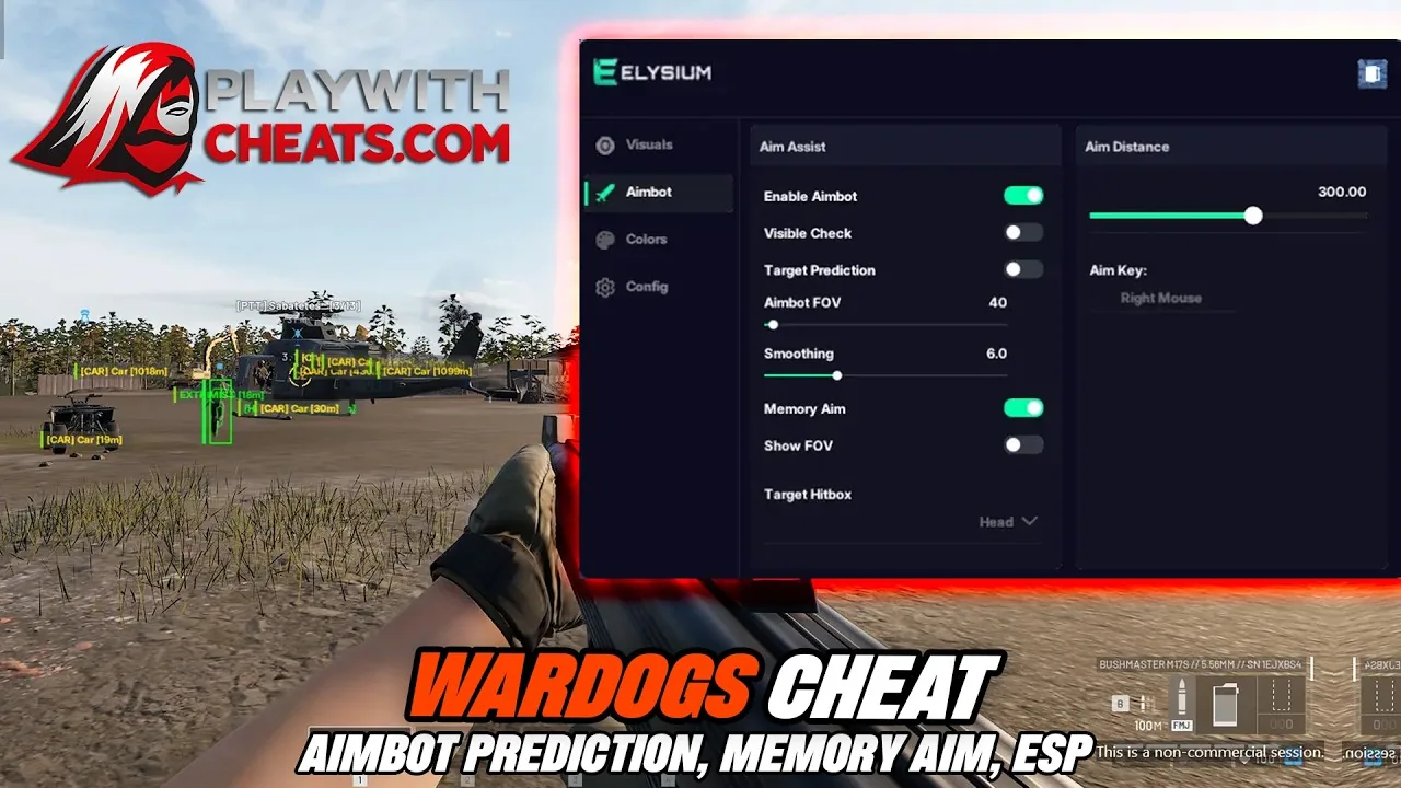 Wardogs ESP in action: boxes and distance tags on players, cars and a helicopter across an open field