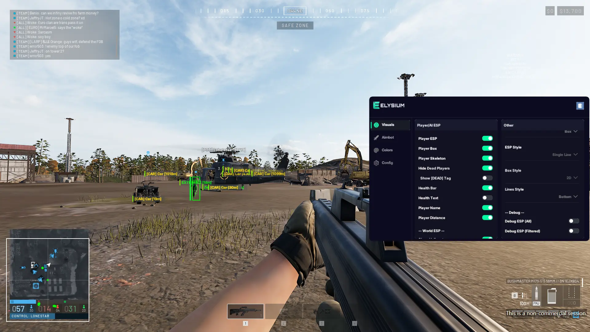 Elysium visuals menu for Wardogs: box ESP, skeletons, health, distance and vehicle toggles